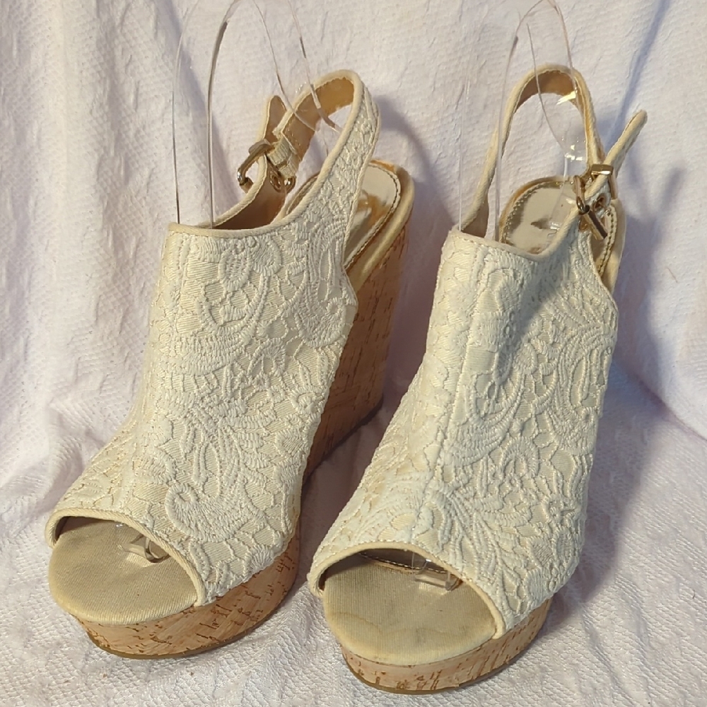 Report Ivory Lace Wedge Sandals with Slingback